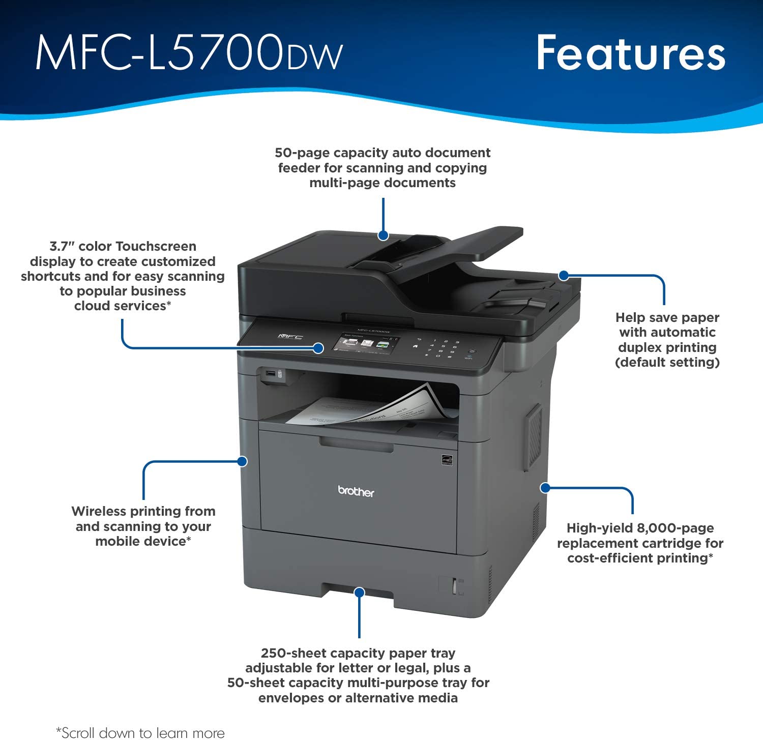 Brother Monochrome Laser Multifunction All-in-One Printer, MFC-L5700DW, Flexible Network Connectivity, Mobile Printing & Scanning, Duplex Printing,  Dash Replenishment Ready, Black - Image 2